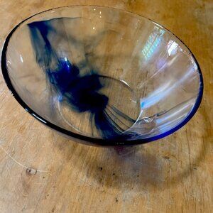 Cobalt Blue Swirl Hand Blown Glass  9” Round  Art Glass Bowl